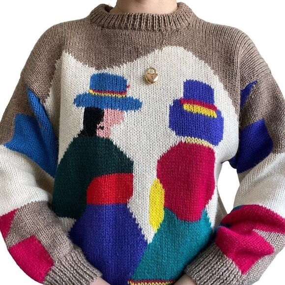 Vintage Hand Knit Peruviuan Alpaca Crewneck Oversized Rainbow Boho Sweater Sz XL - Picture 3 of 7